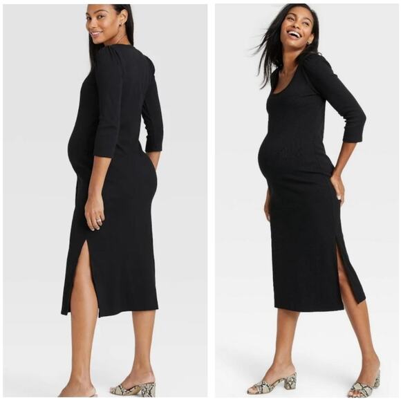 THE NINES by HATCH Black Ribbed Scoop Neck Midi Maternity Dress | XS - Picture 1 of 10